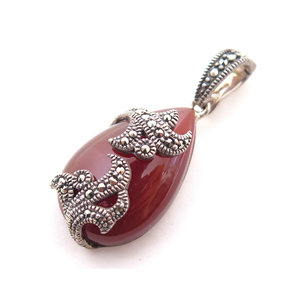 SIGNED NF THAILAND 925 STERLING SILVER MARCASITE CARNELIAN FLORAL PENDANT‎